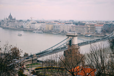 Bridge over river with city in background