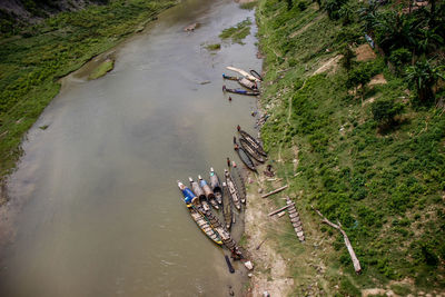 High angle view of people in river