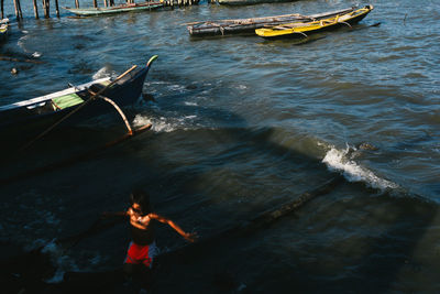 High angle view of man in sea