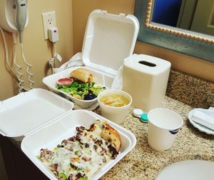 High angle view of breakfast served on table