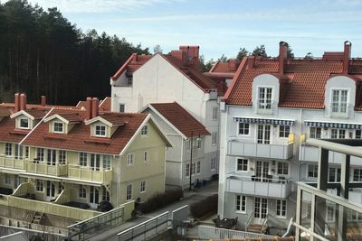 High angle view of residential buildings in city