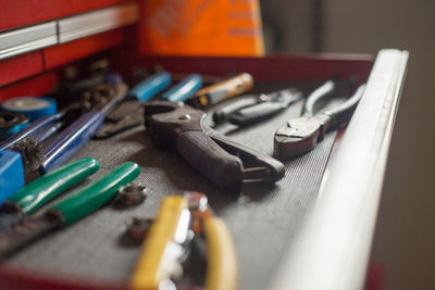 High angle view of various objects on table