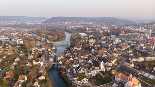 High angle shot of townscape against sky