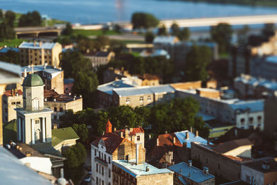 High angle view of houses in town