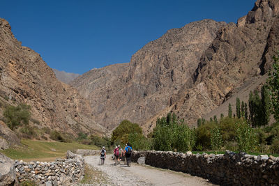 Rear view of people walking on mountain against clear sky