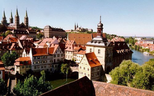 High angle view of buildings in town