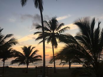 Silhouette palm trees by swimming pool against sky during sunset