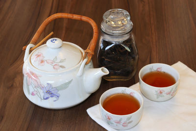 High angle view of tea cup on table