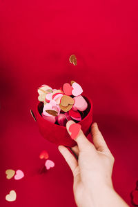 Close-up of woman hand holding pink petals against red background