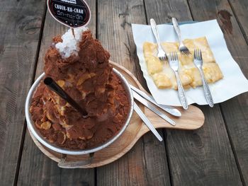 High angle view of food in plate on table