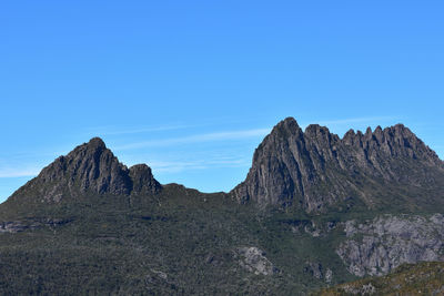 Scenic view of mountains against clear blue sky