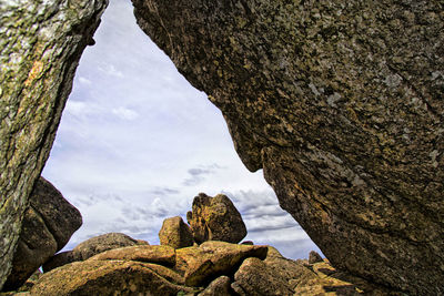 Low angle view of rocks against sky