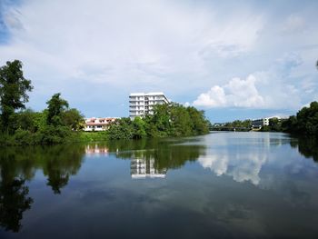 Scenic view of lake by building against sky