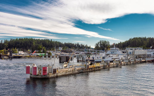 Boats moored in river by houses against sky