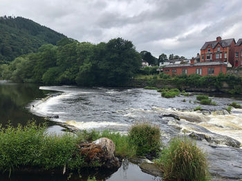 Scenic view of river amidst trees and buildings against sky