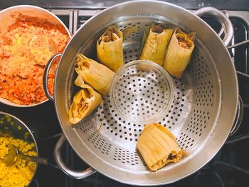 High angle view of food in kitchen