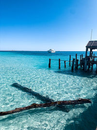 Scenic view of sea against clear blue sky