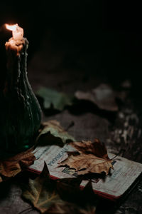 Close-up of dry leaves on table