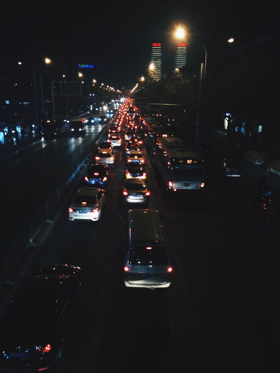 car, night, transportation, illuminated, traffic, city, road, land vehicle, no people, city life, rush hour, outdoors