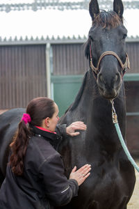 Rear view of woman standing with horse