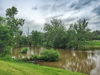 Scenic view of river against cloudy sky