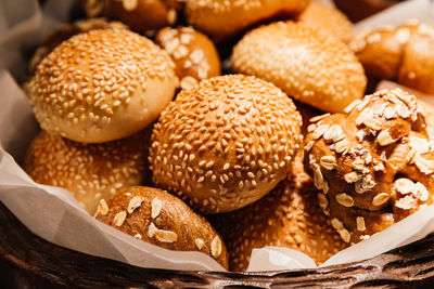 Mixed of fresh baked breads and buns in a basket