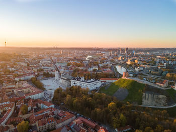 High angle view of townscape against sky during sunset