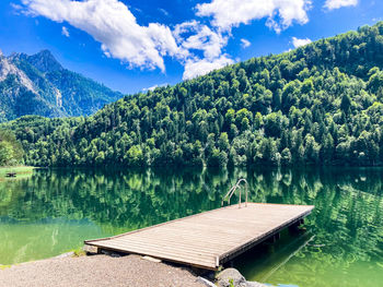 Scenic view of lake by trees against sky