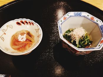 High angle view of meal served on table