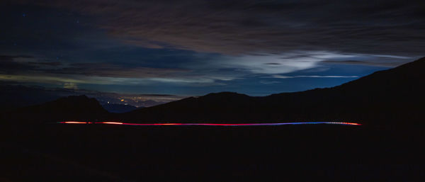 Scenic view of mountains against sky at night