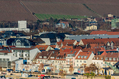 High angle view of houses in city