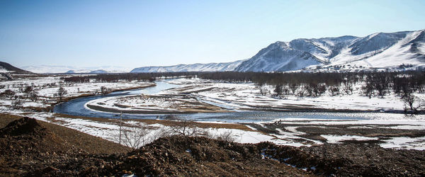 Scenic view of snow covered landscape against clear sky