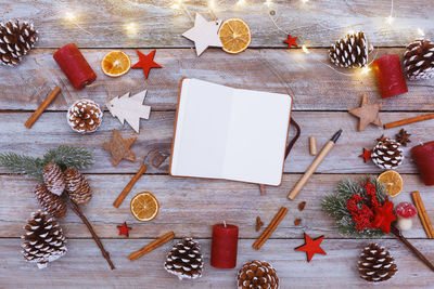 High angle view of christmas decorations on table