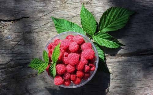 Directly above shot of raspberries in bowl on table