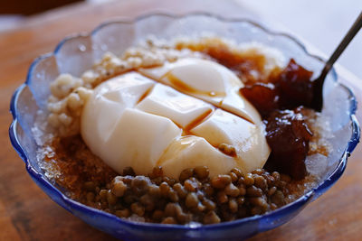 Close-up of dessert served on table