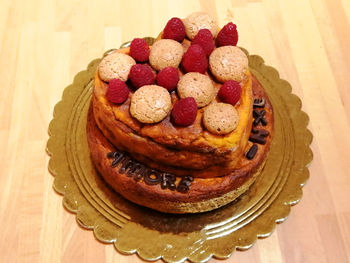 High angle view of cake in plate on table