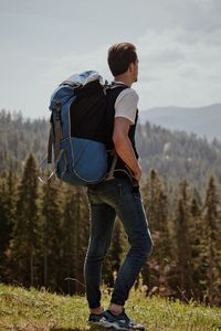 Rear view of man looking at mountain range