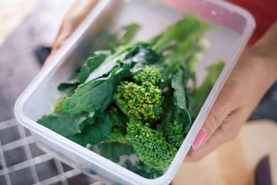 High angle view of woman holding container with vegetables