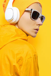 Urban dynamic style. snowboard dj lady. yellow priority
