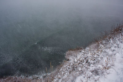 High angle view of snow covered land