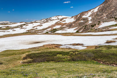 Scenic view of snowcapped mountains against sky