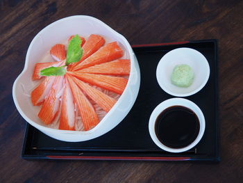 High angle view of fish in bowl on table