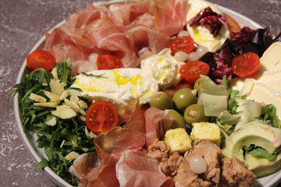High angle view of chopped fruits in bowl