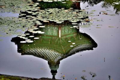 Reflection of built structure in pond
