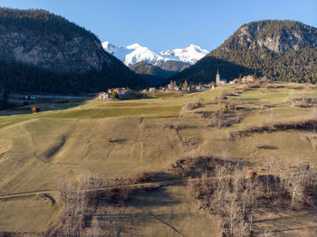 Scenic view of mountain village schmitten, graubünden against sky