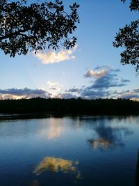 Scenic view of lake against sky at sunset