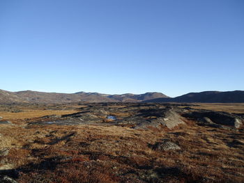 Scenic view of desert against clear blue sky