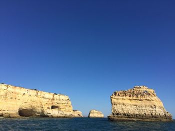 Rock formations by sea against clear blue sky