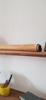 High angle view of wooden table against wall at home