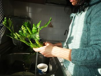 Midsection of woman holding vegetable by sink